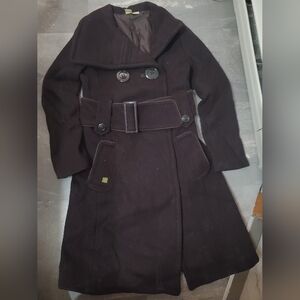 Soia & Kyo wool mix long coat. Dark brown. Size S. Belt around wait. High collar